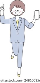 Illustration of a woman in a suit pointing with a smile while holding a smartphone