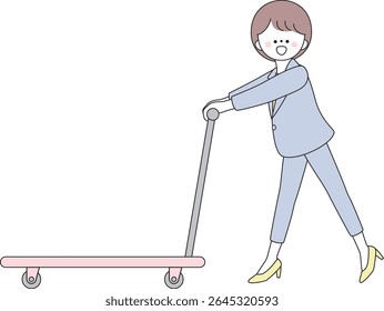 Ilustração de uma mulher em um terno empurrando um carrinho com um sorriso