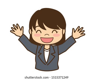 Illustration of a Woman in Suit Raising Both Hands with a Smile