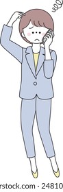 Illustration of a woman in a suit scratching her head in frustration while on the phone