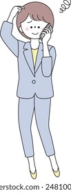 Illustration of a woman in a suit scratching her head with a wry smile while talking on the phone