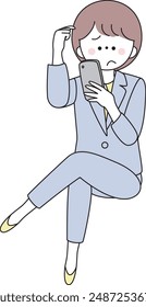 Illustration of a woman in a suit sitting cross-legged and looking troubled while using a smartphone