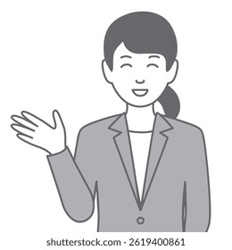 Illustration of a woman in a suit smiling and guiding the visitor, "This way, sir.