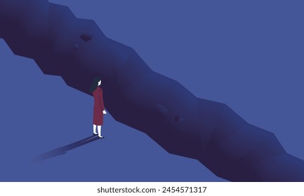 Illustration of a woman in a suit standing in front of a cliff, vector