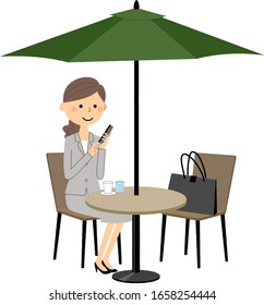 Illustration of a woman in a suit taking a break in a cafe.