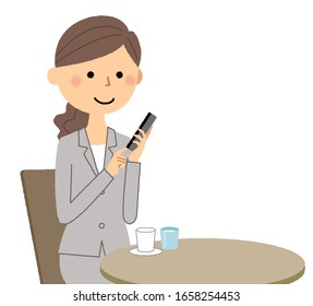 Illustration of a woman in a suit taking a break in a cafe.