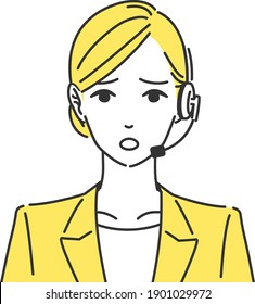 Illustration of a woman in a suit wearing a headset to apologize