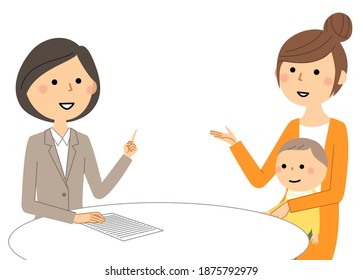 It is an illustration of a woman in a suit who consults with mom.