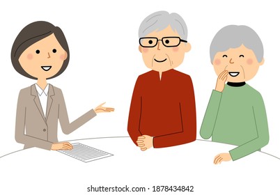 It is an illustration of a woman in a suit who consults with an elderly couple.