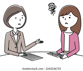 It is an illustration of a woman in a suit who consults with an elderly couple.