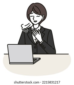 Illustration of woman in suit who feels relieved looking at the computer screen