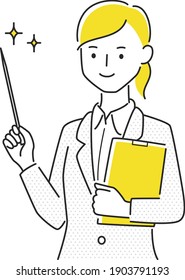 Illustration of a woman in a suit. The young woman has a pointer stick and a binder.