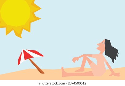 An illustration of a woman sunbathing on the beach under the sun