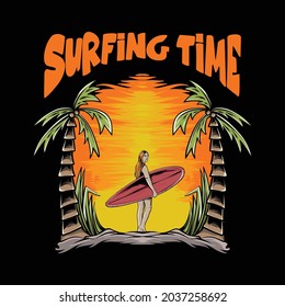 illustration of woman with surfboard with sunset for t-shirt design and print