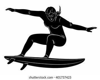 illustration woman surfer , black and white drawing, white background