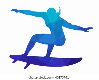 illustration woman surfer , blue triangles drawing on a white background