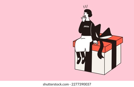 Illustration of a woman surprised by a lot of gifts.