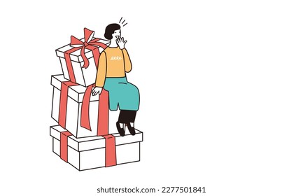 Illustration of a woman surprised by a lot of gifts.