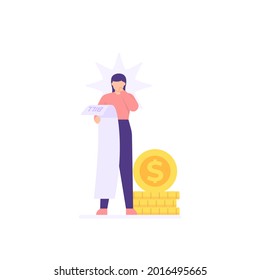 illustration of a woman surprised or not expecting that she got a bill of lading. bill payments are booming. due to overuse of credit cards. debt or grocery receipts. flat cartoon style. vector design