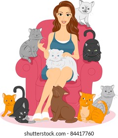 Illustration of a Woman Surrounded by Cats