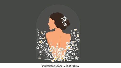 Illustration of a woman surrounded by flowers. Good mental health yoga lifestyle selfcare vector.