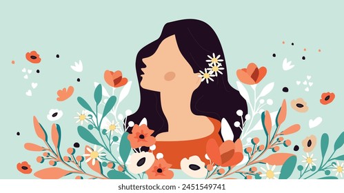 Illustration of a woman surrounded by flowers. Good mental health yoga lifestyle selfcare vector.