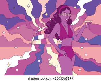 Illustration of a woman in a swimsuit with a cocktail against the backdrop of the sea, pop art style	