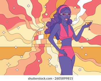 Illustration of a woman in a swimsuit with a cocktail against the backdrop of the sea, pop art style	