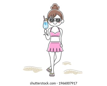 Illustration of a woman in a swimsuit holding a cocktail.