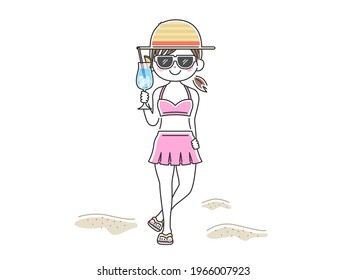 Illustration of a woman in a swimsuit holding a cocktail.