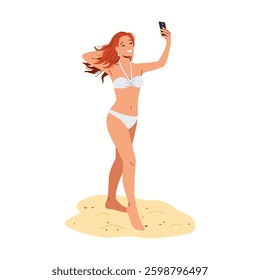 Illustration of woman in swimsuit smiling while taking selfie on sandy beach with smartphone. Her hair flows in the breeze capturing a joyful summer moment.