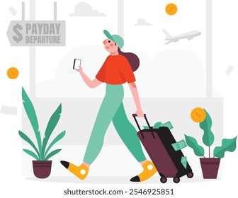 Illustration of a woman take a vacation after getting a salary. Vector illustration with colorful and flat design