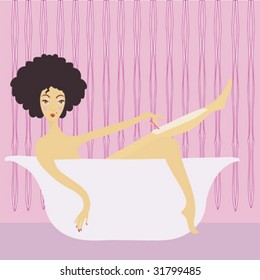 Illustration of a woman taking a bath and shaving her legs