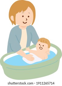 Ilustración de una mujer cuidando de un bebé. Tiempo de baño para bebés.