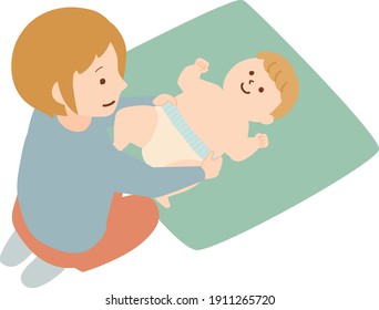 Illustration of a woman taking care of a baby. Woman changing diapers for baby.