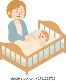 Ilustración de una mujer cuidando de un bebé. Mujer que pone a un bebé a dormir.