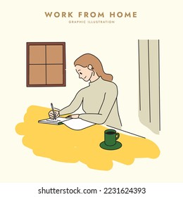 Illustration of a woman taking notes in a notebook in front of a desk