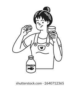 Illustration of a woman taking omega supplement with a cheerful expression. She holds a glass of water and a capsule. Black and white style for health awareness.
