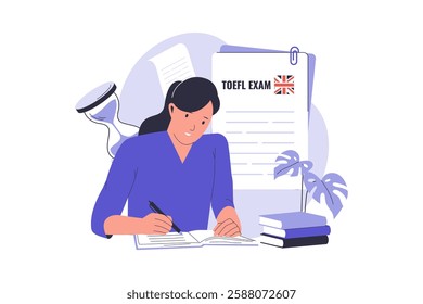 Illustration of woman taking TOEFL test concept. English online study. Illustration for websites, landing pages, mobile apps, posters and banners.