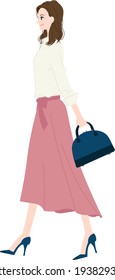 Illustration of a woman taking a walk. A young woman who is fashionable and goes shopping.
