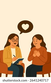 Illustration of a woman talking to a therapist during a counseling session, showing care, support, and mental health awareness.
