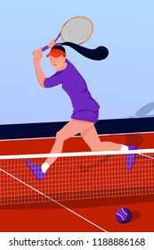 Illustration with woman tennis player in tennis court. Tennis match sport concept. Vector flat art.