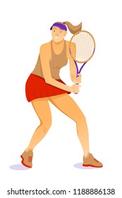 Illustration with woman tennis player on white background. Healthy lifestyle concept. Vector flat art.