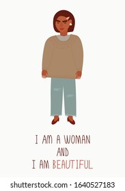 Illustration of a woman and the text: I am a woman and I am beautiful