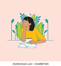 illustration woman thingking and enjoy read a book in cafe