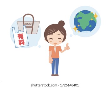 Illustration of a woman thinking about environmental issues.
The earth, eco bag and paid plastic bag are also drawn.
Translate Kanji in bag: Paid.
A version dressed in orange.