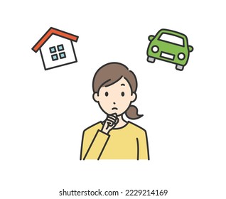 Illustration of a woman thinking about my home and my car.