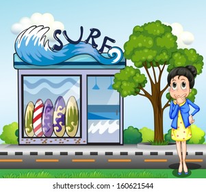 Illustration of a woman thinking in front of the surfing shop