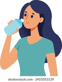 Ilustración de una mujer sedienta y bebiendo agua de una botella