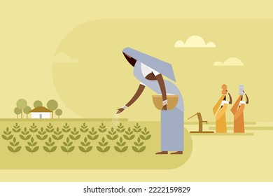 Illustration of a woman throwing fertile to the crops in the agricultural field